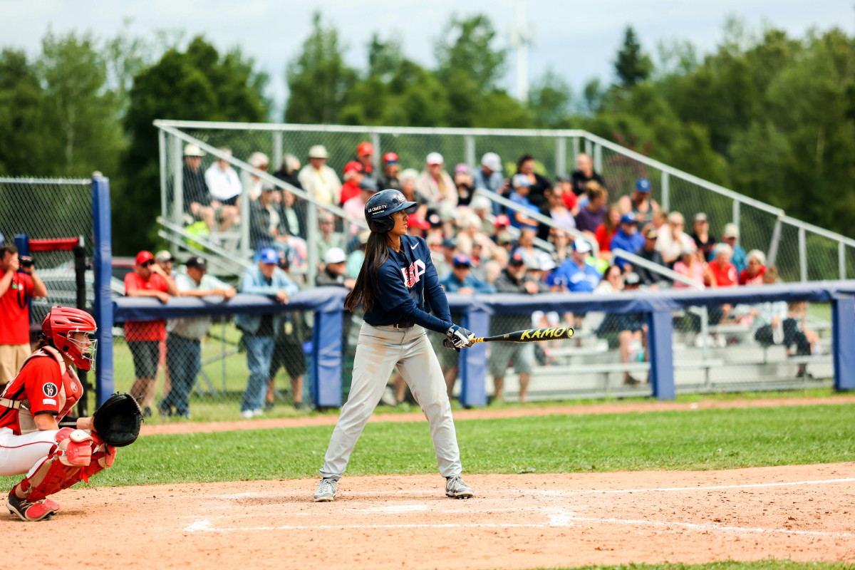 Kelsie Whitmore bats for the United States women’s baseball national team in the fifth game of the Friendship Series vs. Canada.